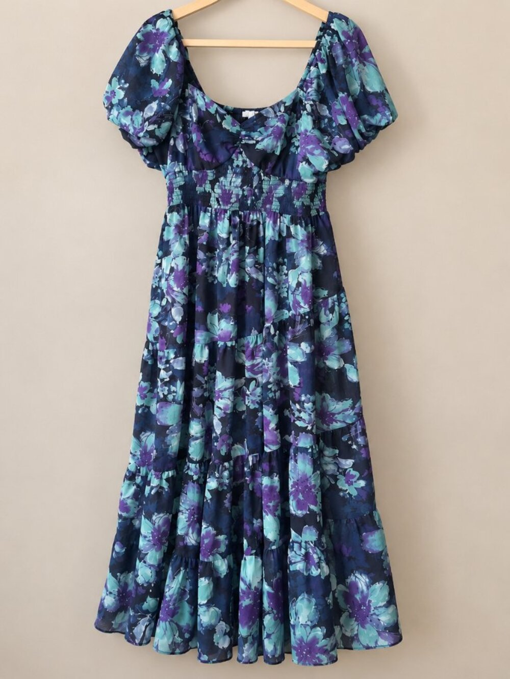 Baltic Born Suzy Floral Tiered Maxi Dress XL Blue Purple Puff Sleeve Smocked